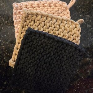 Source Unknown Crochet Knit Pot Holders in Black, Tan, and Pink